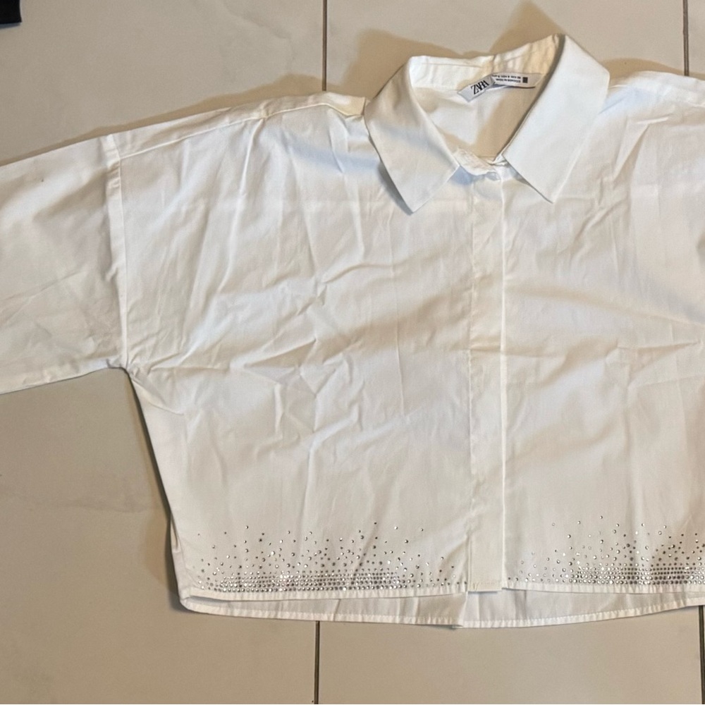 Zara White Embellished Cropped Blouse
